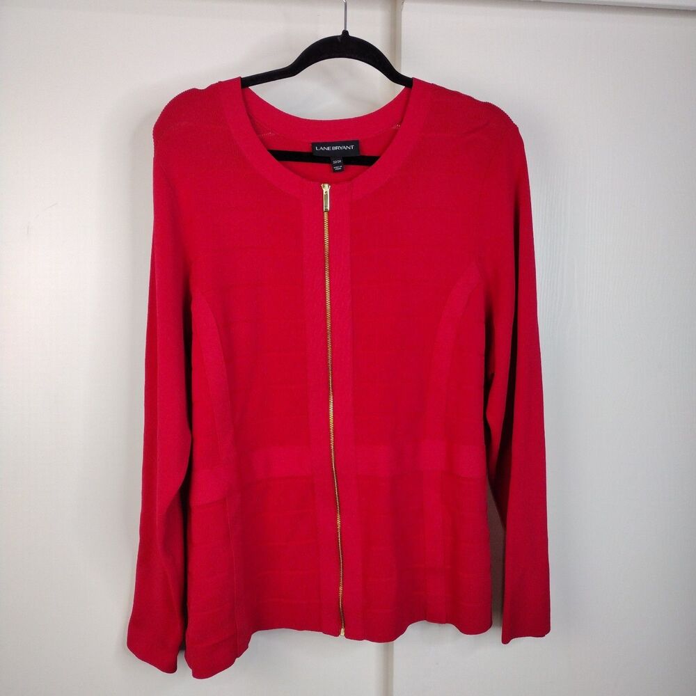 Lane Bryant Womens Plus Size 22/24 Red Full Gold Zip Cardigan Ribbed Nylon Blend